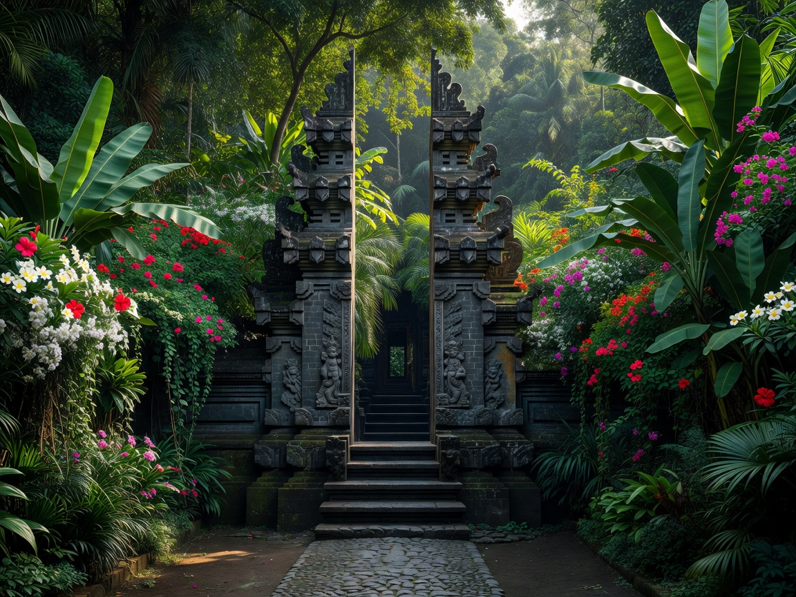 Balinese temple gate framed by tropical foliage