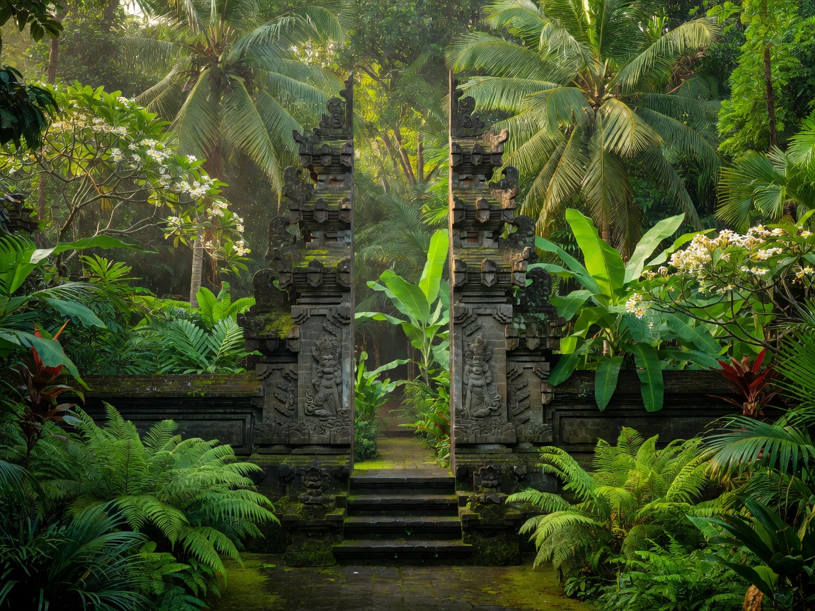Balinese temple gate surrounded by lush greenery in Indonesia