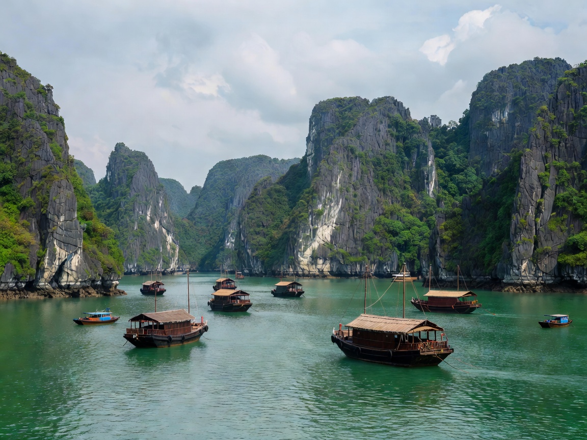 Boats among limestone karsts in Ha Long Bay, Vietnam