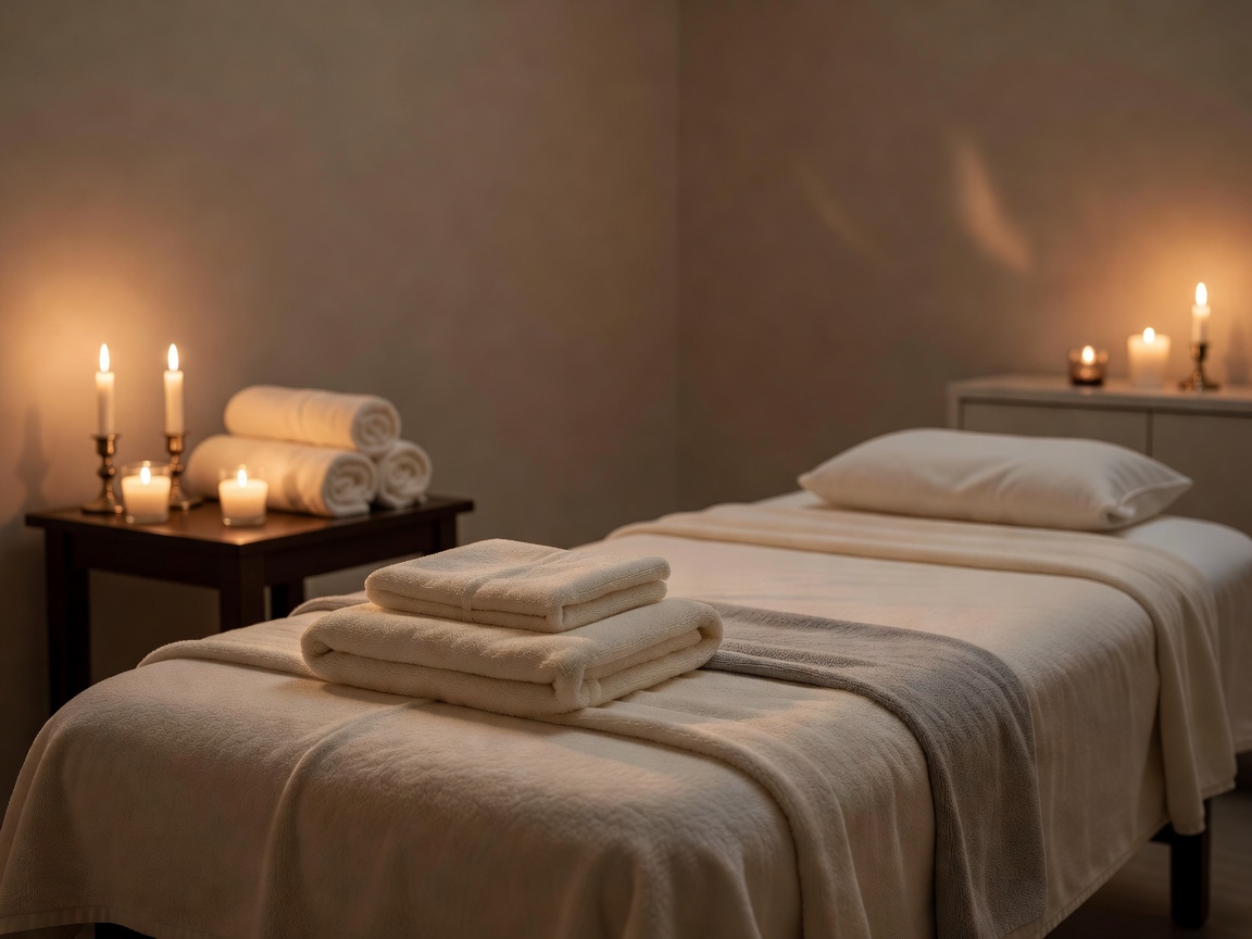 Calm spa treatment room with soft towels and candlelight