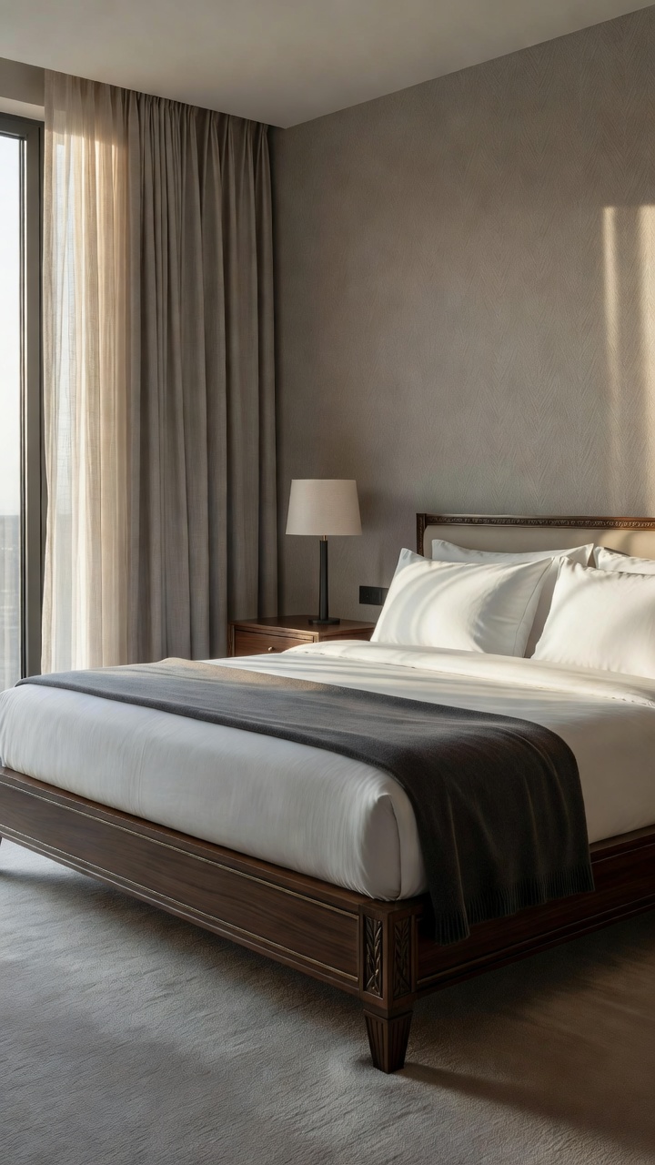 Elegant hotel bedroom with soft natural light