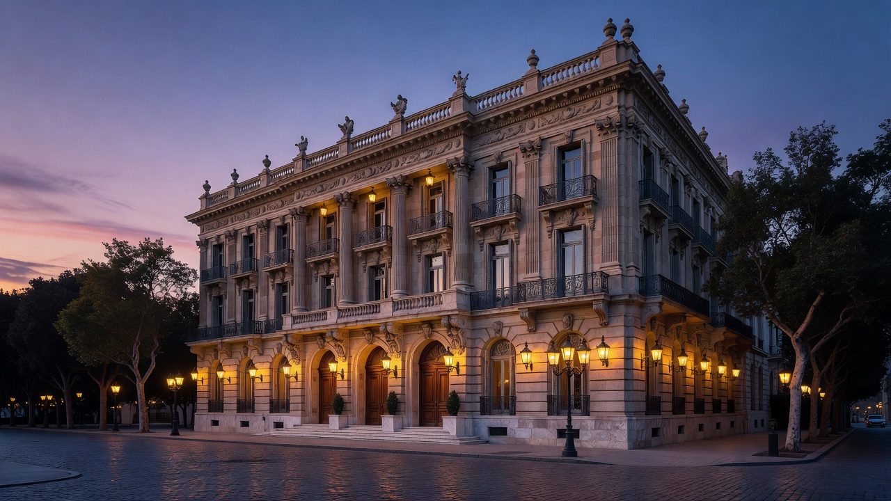 Grand hotel facade glowing in the evening