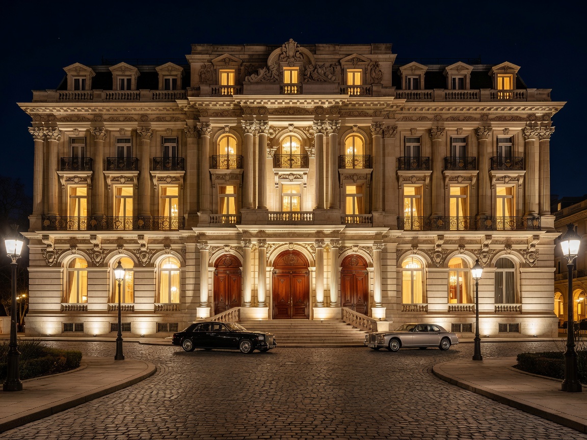 Grand hotel facade illuminated at night