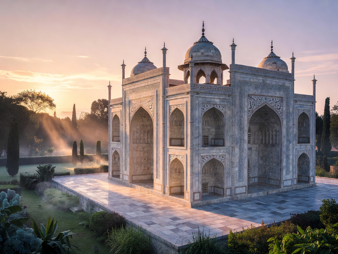 Historic marble monument at sunrise in India