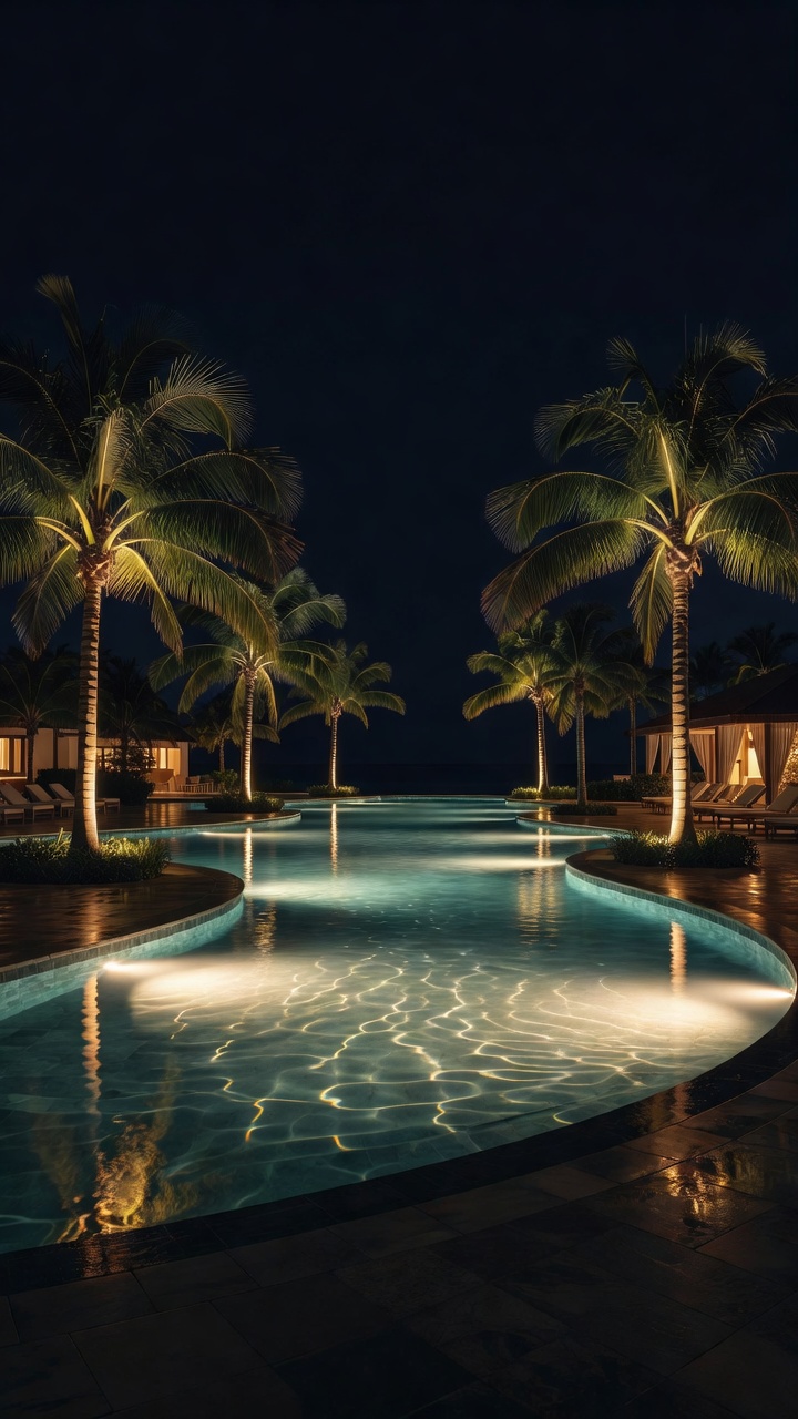 Illuminated resort pool and palms at night