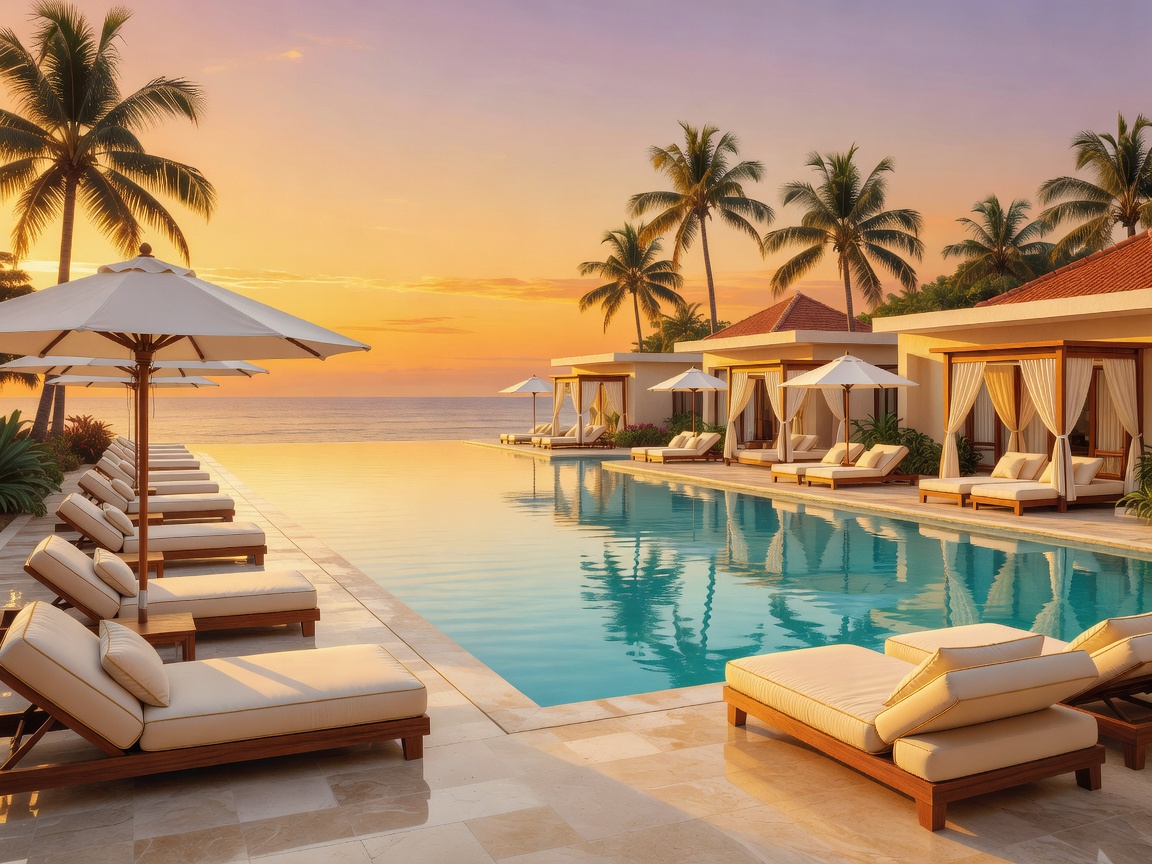 Illustrative image of a luxury resort pool at golden hour