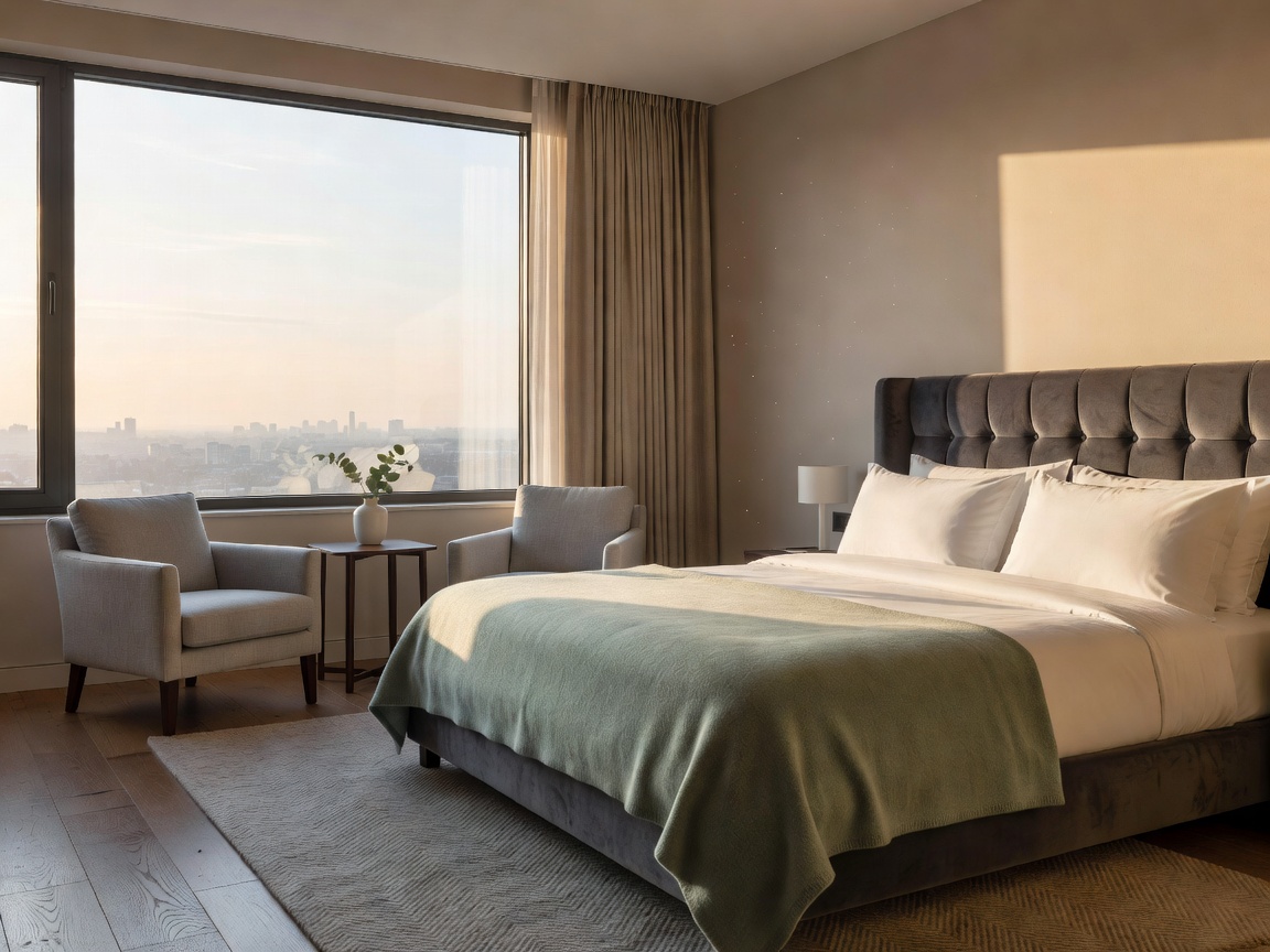 Intimate boutique hotel room with a large window