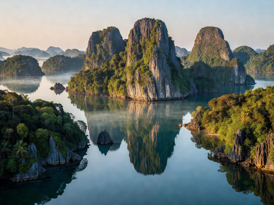 Islands and limestone karsts rising from a calm bay