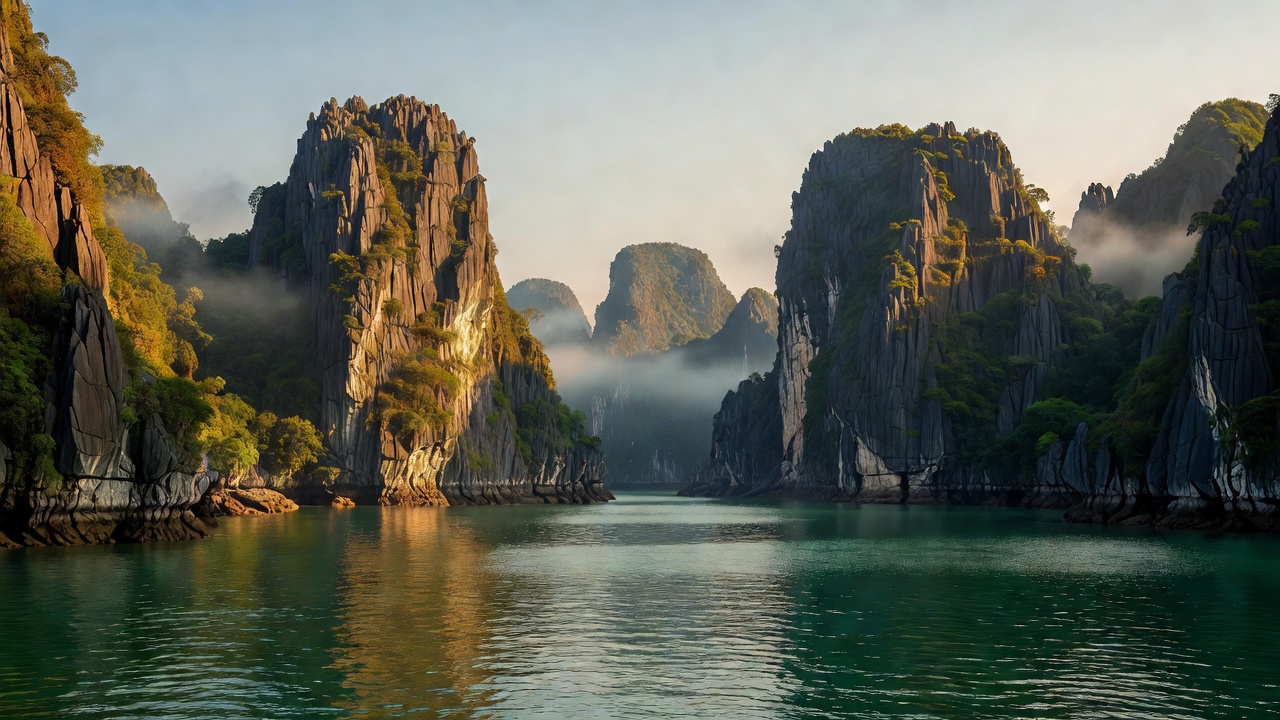 Limestone karsts rising from the water in Ha Long Bay, Vietnam