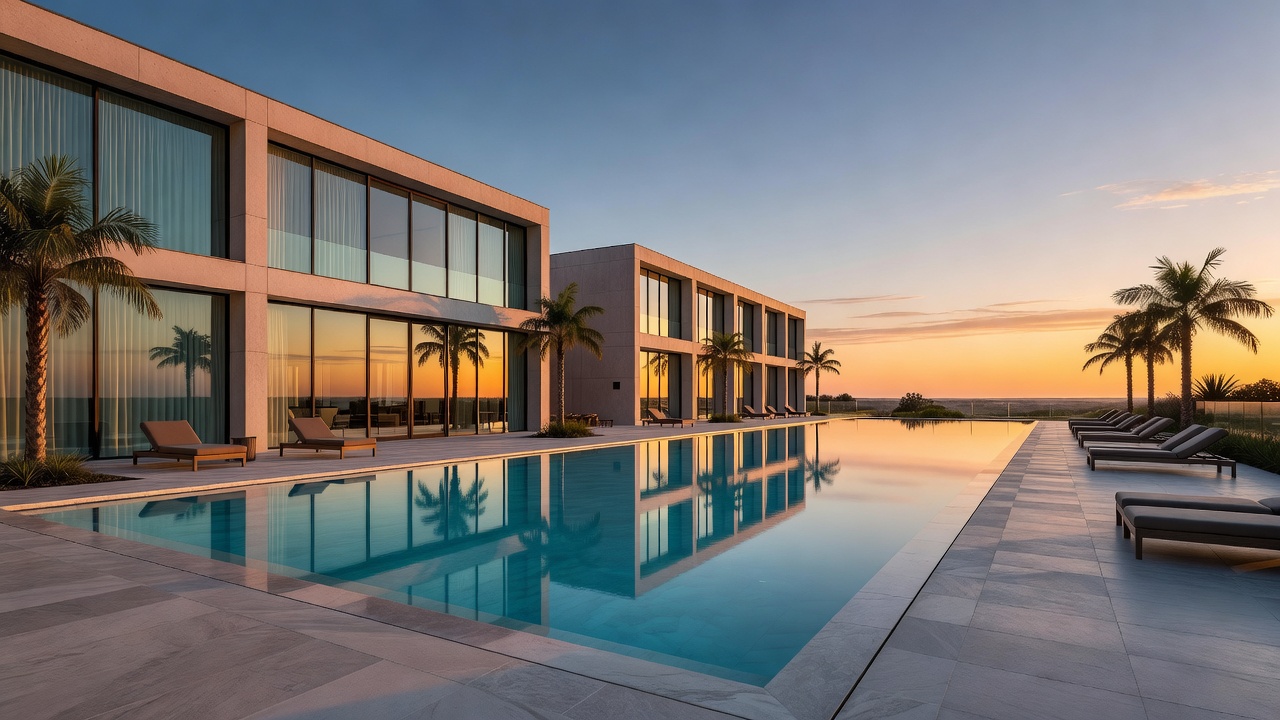 Modern hotel exterior with a pool in warm evening light