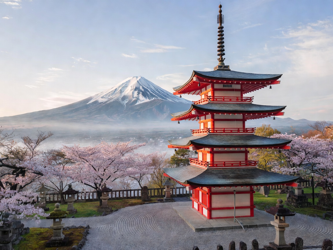Mount Fuji behind a red pagoda