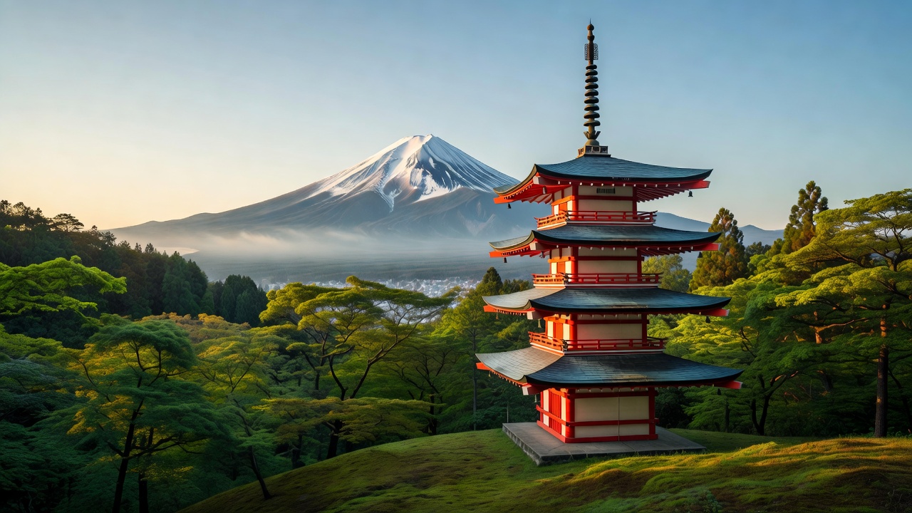 Mount Fuji rising behind a red pagoda