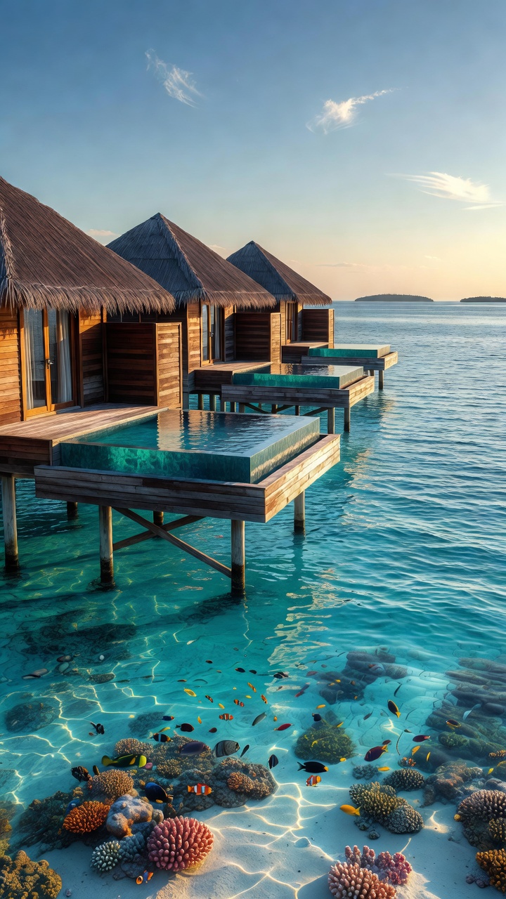 Overwater villas above a turquoise lagoon in the Maldives