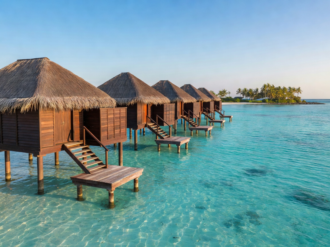 Overwater villas over a turquoise lagoon in the Maldives