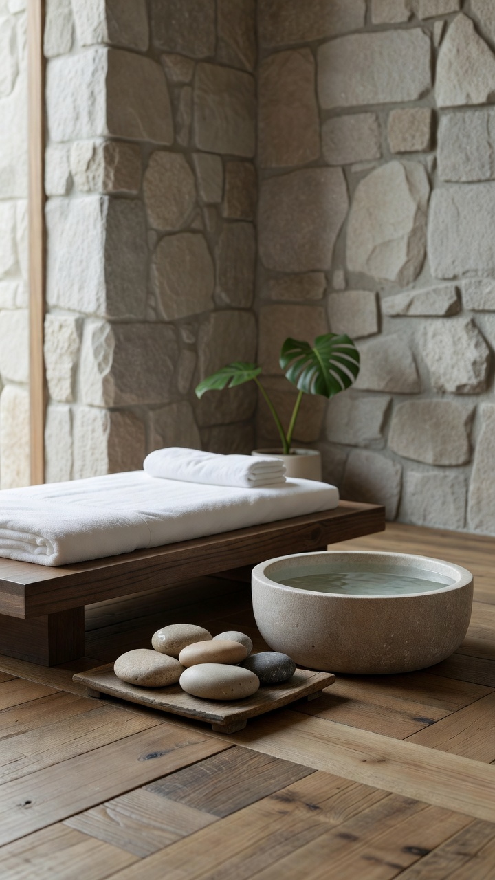 Serene spa space with soft light and natural textures
