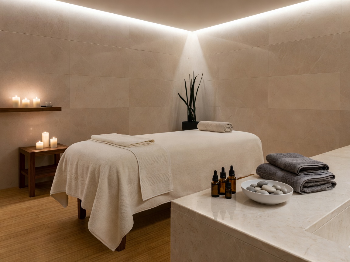 Soft-lit spa treatment space