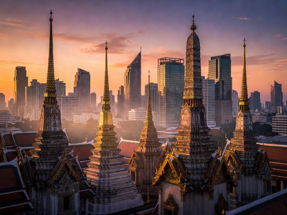 Bangkok riverside skyline at dusk