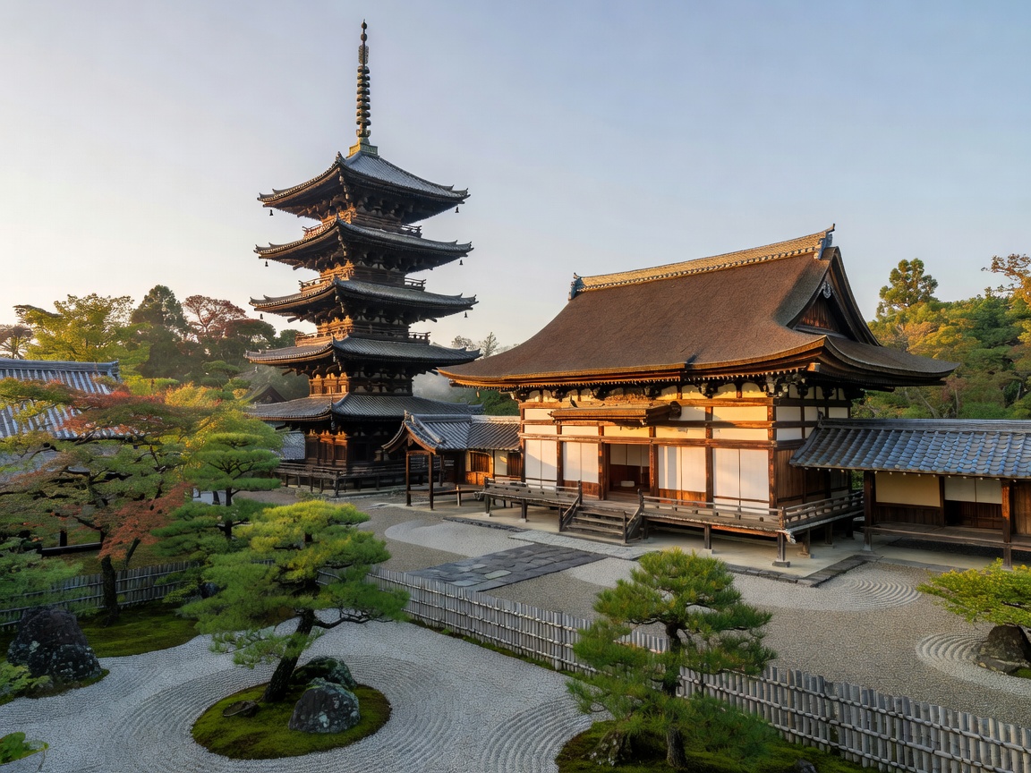 Traditional wooden architecture and pagoda in Kyoto, evoking Japanese design heritage