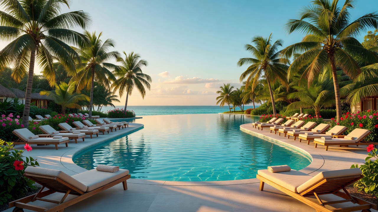 Tropical resort pool lined with palms and loungers
