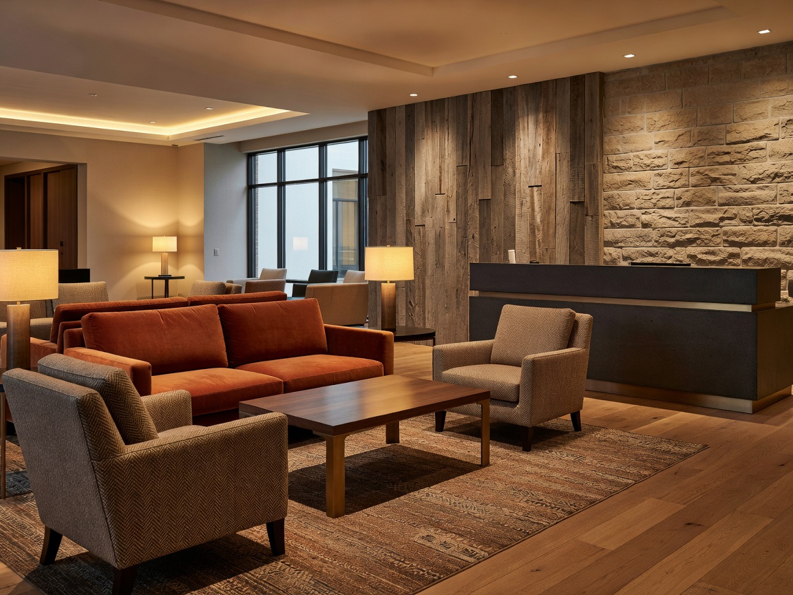 Warmly lit contemporary hotel interior with layered textures