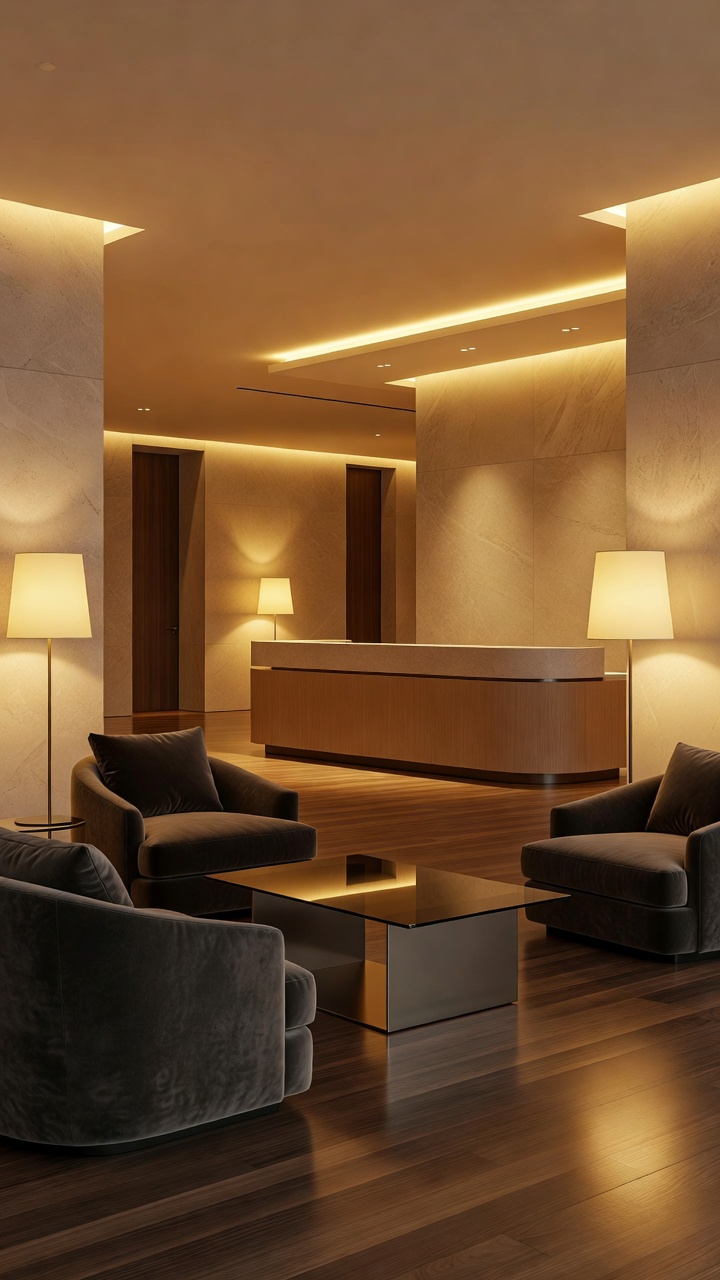 Warmly lit contemporary hotel interior
